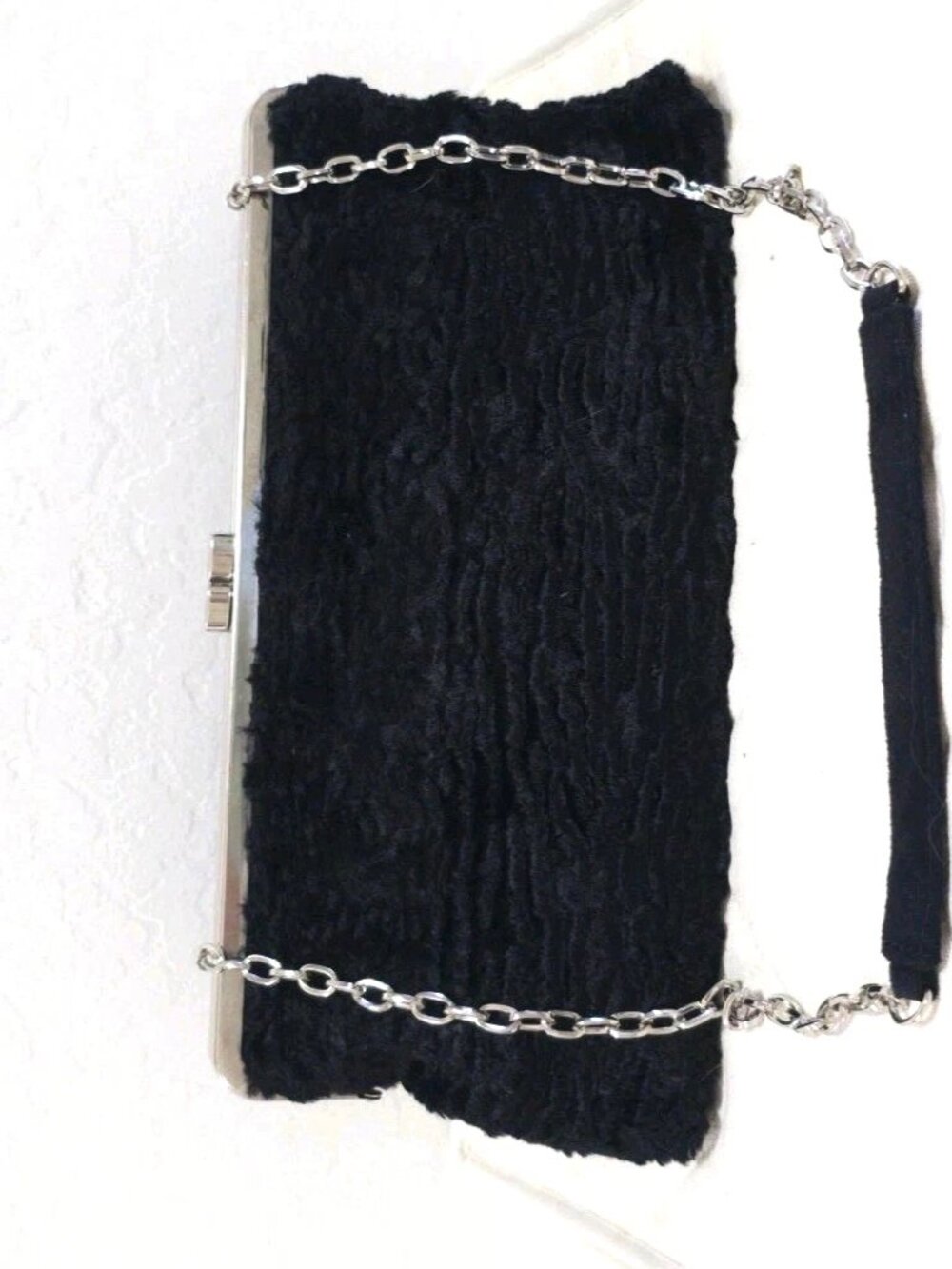 Terry Lewis Classic Luxuries Small BLACK FAUX FUR Handbag Purse SILVER Metal Top